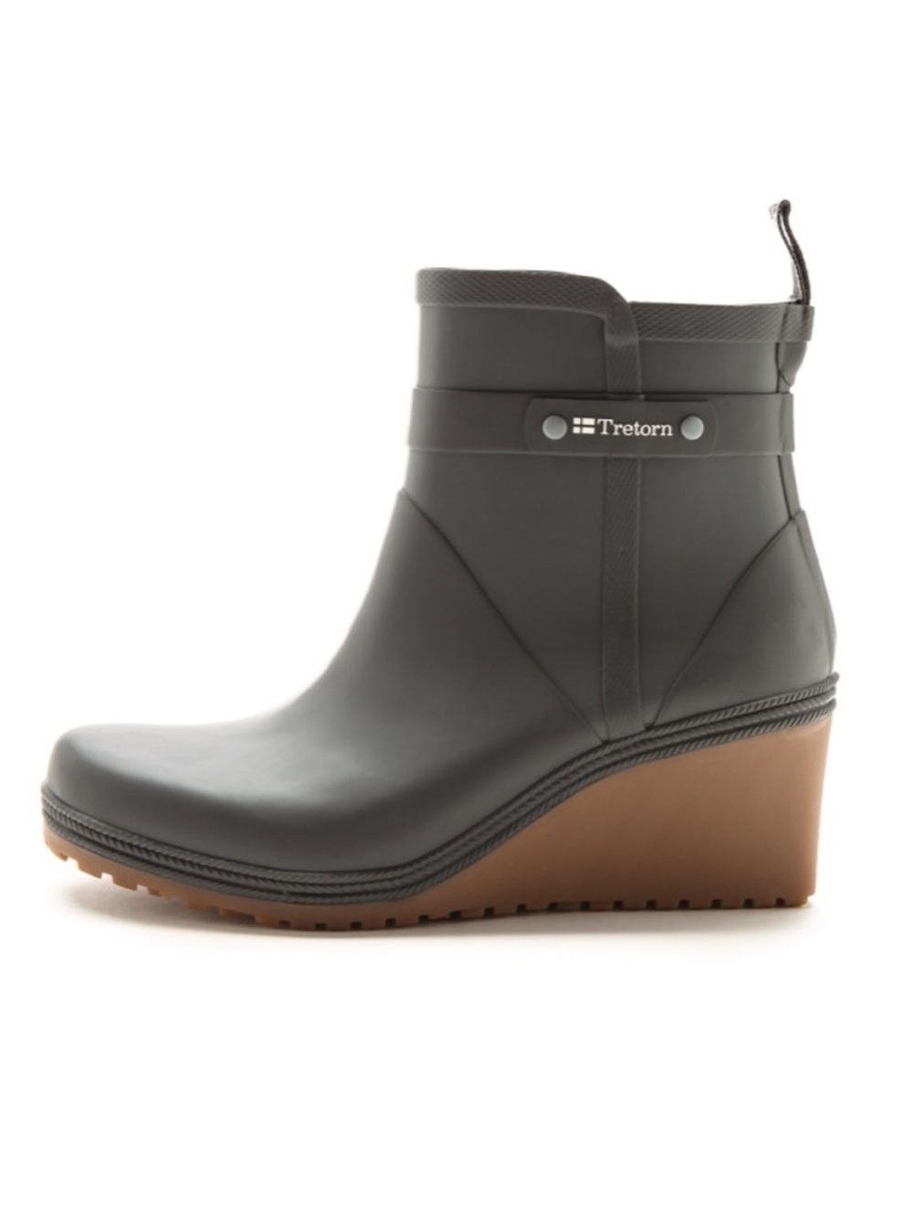 Tretorn Black Plask Rain Wedge Ankle Mid Boot with Brown Sole